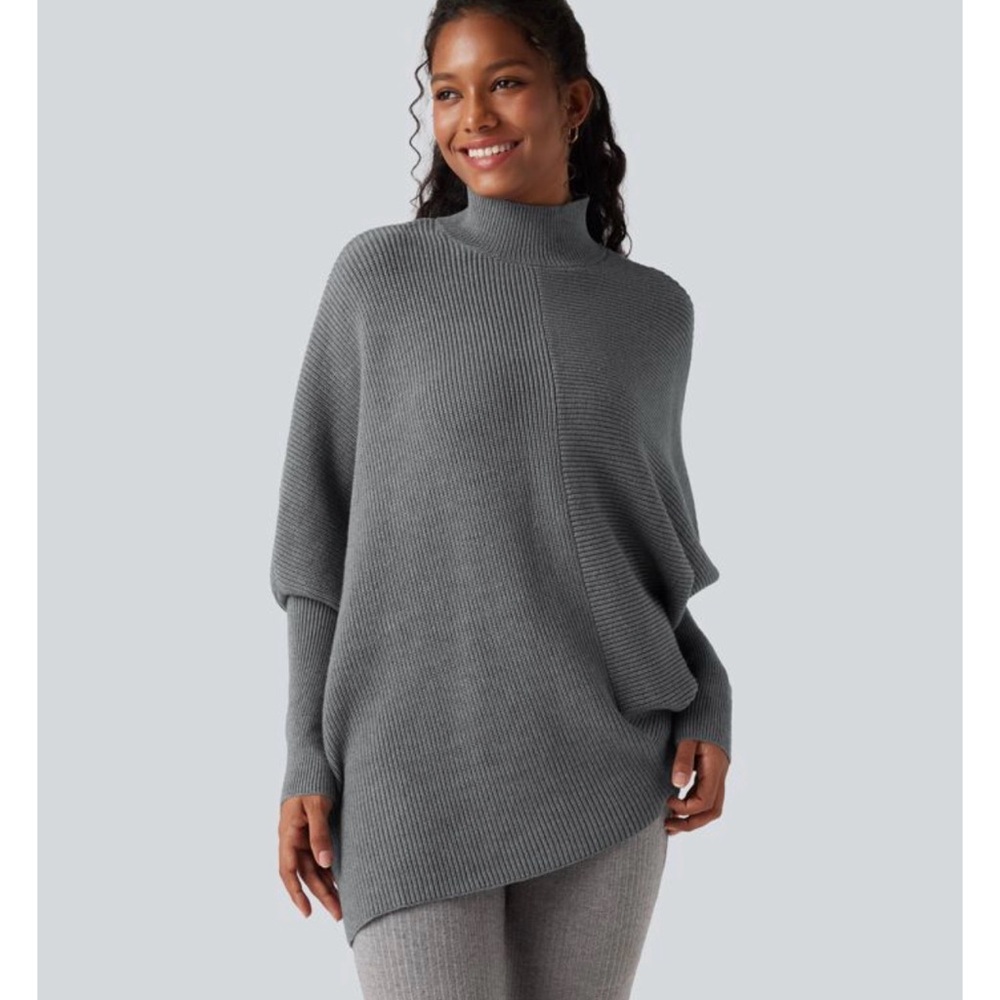 NWT HALARA Ribbed Asymmetrical Batwing Sweater Gray Mock Neck Size Small